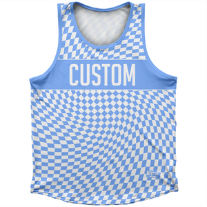 Warped Checkerboard Custom Athletic Sport Tank Top Made In USA - Blue Carolina And White Warped Checkerboard Custom Athletic Sport Tank Top Made In USA - Blue Carolina And White