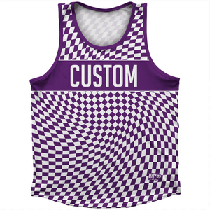 Warped Checkerboard Custom Athletic Sport Tank Top Made In USA - Purple Medium And White Warped Checkerboard Custom Athletic Sport Tank Top Made In USA - Purple Medium And White