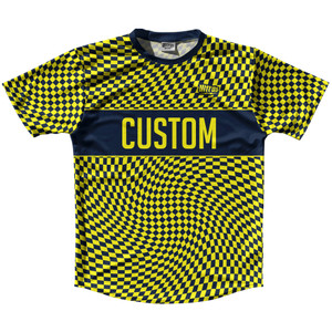 Warped Checkerboard Custom Running Shirt Track Cross Made In USA - Blue Navy And Yellow Bright Warped Checkerboard Custom Running Shirt Track Cross Made In USA - Blue Navy And Yellow Bright