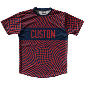 Warped Checkerboard Custom Running Shirt Track Cross Made In USA - Blue Navy And Red Dark Warped Checkerboard Custom Running Shirt Track Cross Made In USA - Blue Navy And Red Dark