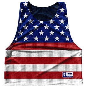 Stars and Stripes Old Glory Mesh Reversible Lacrosse Pinnie Made In USA - Blue White Red