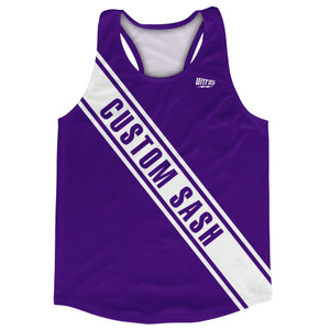 Custom Sash Left To Right Running Tank Tops Made In USA - Purple Lakers And White Custom Sash Left To Right Running Tank Tops Made In USA - Purple Lakers And White