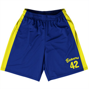 Teen Wolf Beavers Basketball Practice Shorts Made In USA - Blue Yellow Teen Wolf Beavers Basketball Practice Shorts Made In USA - Blue Yellow