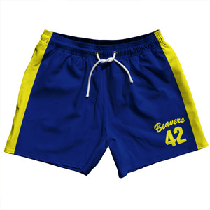 Teen Wolf Beavers 5" Swim Shorts Made in USA - Blue Yellow Teen Wolf Beavers 5" Swim Shorts Made in USA - Blue Yellow