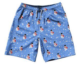 YOUTH LARGE- Snowman Christmas 10" Swim Shorts Made in USA - Blue- Final Sale ZT42