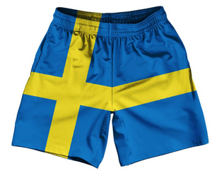 ADULT X-LARGE- Sweden Country Flag Athletic Running Fitness Exercise Shorts 7" Inseam Made In USA - Blue Yellow- Final Sale SXL2