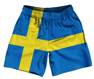 ADULT MEDIUM- Sweden Country Flag Athletic Running Fitness Exercise Shorts 7" Inseam Made In USA - Blue Yellow- Final Sale SM4