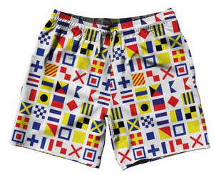 ADULT SMALL- Nautical Flags Swim Shorts 7.5" - White- Final Sale ZT82