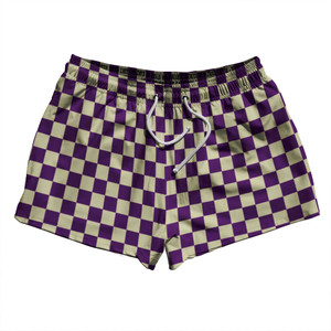 Checkerboard 1 Inch Purple Medium and Vegas Gold 2.5" Swim Shorts Made in USA Checkerboard 1 Inch Purple Medium and Vegas Gold 2.5" Swim Shorts Made in USA