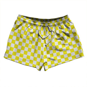 Checkerboard 1 Inch Yellow Canary and White 2.5" Swim Shorts Made in USA Checkerboard 1 Inch Yellow Canary and White 2.5" Swim Shorts Made in USA