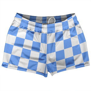 Checkerboard 2.5 Inches Blue Carolina and White Shorty Short Gym Shorts 2.5" Inseam Made In USA - Blue Carolina and White Checkerboard 2.5 Inches Blue Carolina and White Shorty Short Gym Shorts 2.5" Inseam Made In USA - Blue Carolina and White