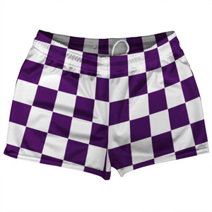 Checkerboard 2.5 Inches Purple Medium and White Shorty Short Gym Shorts 2.5" Inseam Made In USA - Purple Medium and White Checkerboard 2.5 Inches Purple Medium and White Shorty Short Gym Shorts 2.5" Inseam Made In USA - Purple Medium and White