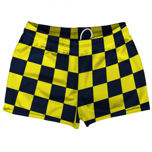 Checkerboard 2.5 Inches Blue Navy and Yellow Bright Shorty Short Gym Shorts 2.5" Inseam Made In USA - Blue Navy and Yellow Bright Checkerboard 2.5 Inches Blue Navy and Yellow Bright Shorty Short Gym Shorts 2.5" Inseam Made In USA - Blue Navy and Yellow Bright