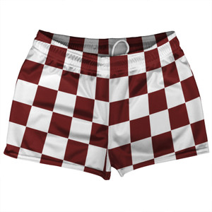 Checkerboard 2.5 Inches Red Maroon and White Shorty Short Gym Shorts 2.5" Inseam Made In USA - Red Maroon and White Checkerboard 2.5 Inches Red Maroon and White Shorty Short Gym Shorts 2.5" Inseam Made In USA - Red Maroon and White
