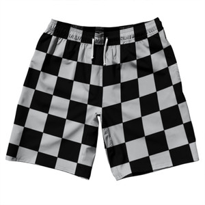 Checkerboard 2.5 Inches Black and Grey Medium 10" Swim Shorts Made in USA - Black and Grey Medium