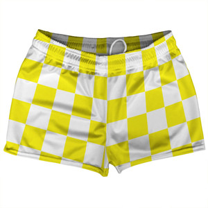Checkerboard 2.5 Inches Yellow Bright and White Shorty Short Gym Shorts 2.5" Inseam Made In USA - Yellow Bright and White Checkerboard 2.5 Inches Yellow Bright and White Shorty Short Gym Shorts 2.5" Inseam Made In USA - Yellow Bright and White