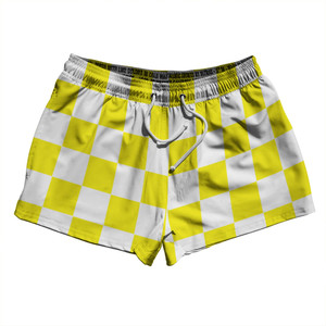Checkerboard 2.5 Inches Yellow Bright and White 2.5" Swim Shorts Made in USA - Yellow Bright and White Checkerboard 2.5 Inches Yellow Bright and White 2.5" Swim Shorts Made in USA - Yellow Bright and White