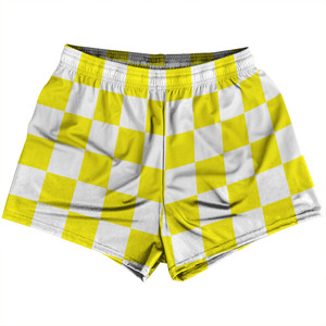 Checkerboard 2.5 Inches Yellow Bright and White Womens & Girls Sport Shorts End Made In USA - Yellow Bright and White Checkerboard 2.5 Inches Yellow Bright and White Womens & Girls Sport Shorts End Made In USA - Yellow Bright and White