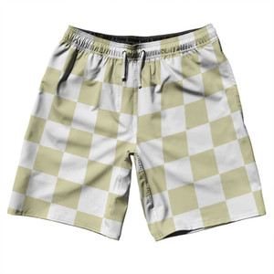 Checkerboard 2.5 Inches Vegas Gold and White 10" Swim Shorts Made in USA - Vegas Gold and White Checkerboard 2.5 Inches Vegas Gold and White 10" Swim Shorts Made in USA - Vegas Gold and White