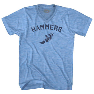 Hammers Running Track Winged Foot-Adult Tri-Blend V-neck T-shirt - Athletic Blue