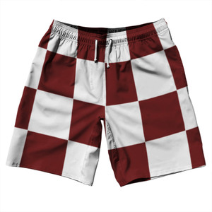 Checkerboard 5 Inches Red Maroon and White 10" Swim Shorts Made in USA Checkerboard 5 Inches Red Maroon and White 10" Swim Shorts Made in USA