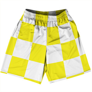 Checkerboard 5 Inches Yellow Bright and White Basketball Practice Shorts Made In USA Checkerboard 5 Inches Yellow Bright and White Basketball Practice Shorts Made In USA