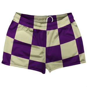 Checkerboard 5 Inches Purple Medium and Vegas Gold Shorty Short Gym Shorts 2.5" Inseam Made In USA Checkerboard 5 Inches Purple Medium and Vegas Gold Shorty Short Gym Shorts 2.5" Inseam Made In USA