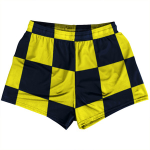 Checkerboard 5 Inches Blue Navy and Yellow Bright Womens & Girls Sport Shorts End Made In USA Checkerboard 5 Inches Blue Navy and Yellow Bright Womens & Girls Sport Shorts End Made In USA