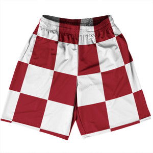 Checkerboard 5 Inches Red Cardinal and White Basketball Practice Shorts Made In USA Checkerboard 5 Inches Red Cardinal and White Basketball Practice Shorts Made In USA