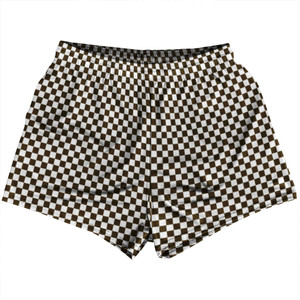 Checkerboard Half Inch Brown Dark and White Womens & Girls Sport Shorts End Made In USA Checkerboard Half Inch Brown Dark and White Womens & Girls Sport Shorts End Made In USA