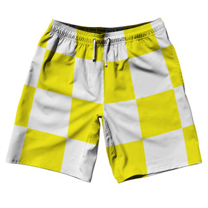 Checkerboard 5 Inches Yellow Bright and White 10" Swim Shorts Made in USA Checkerboard 5 Inches Yellow Bright and White 10" Swim Shorts Made in USA