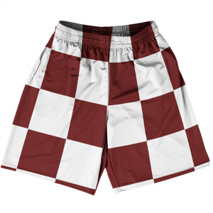 Checkerboard 5 Inches Red Maroon and White Basketball Practice Shorts Made In USA Checkerboard 5 Inches Red Maroon and White Basketball Practice Shorts Made In USA