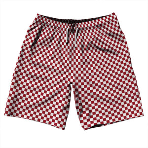 Checkerboard Half Inch Red Cardinal and White 10" Swim Shorts Made in USA Checkerboard Half Inch Red Cardinal and White 10" Swim Shorts Made in USA