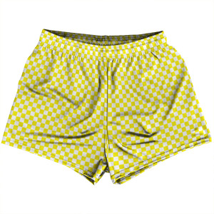 Checkerboard Half Inch Yellow Bright and White Womens & Girls Sport Shorts End Made In USA Checkerboard Half Inch Yellow Bright and White Womens & Girls Sport Shorts End Made In USA