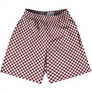Checkerboard Half Inch Red Maroon and White Lacrosse Shorts Made In USA Checkerboard Half Inch Red Maroon and White Lacrosse Shorts Made In USA