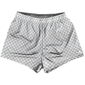 Checkerboard Half Inch Grey Medium and White Womens & Girls Sport Shorts End Made In USA Checkerboard Half Inch Grey Medium and White Womens & Girls Sport Shorts End Made In USA