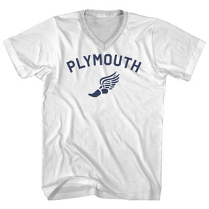 Plymouth Running Track Winged Foot Adult Cotton V-neck T-shirt - White