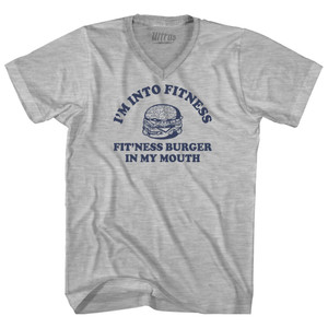 I'M Into Fitness Fit'Ness Burger In My Mouth Adult Cotton V-neck T-shirt - Grey Heather