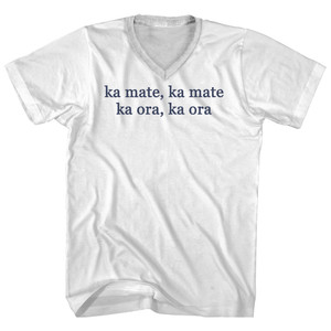 Ka Mate, Ka Mate, Ka Ora, Ka Ora Rage Font Adult Cotton V-neck T-shirt - White