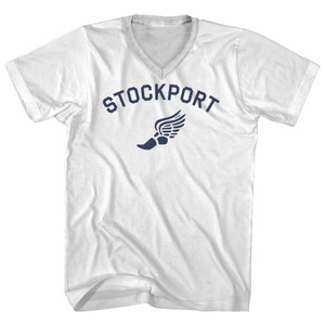Stockport Running Track Winged Foot Adult Cotton V-neck T-shirt - White
