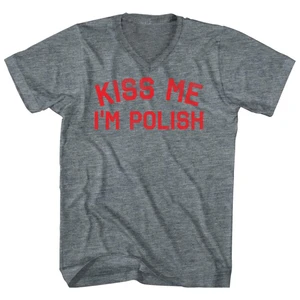 Kiss Me I'm Polish Adult Tri-Blend V-neck T-shirt - Athletic Grey