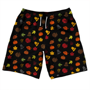 Thanksgiving All Over Pattern 10" Swim Shorts Made in USA - Black Thanksgiving All Over Pattern 10" Swim Shorts Made in USA - Black