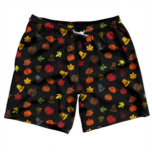 Thanksgiving All Over Pattern Swim Shorts 7" Made in USA - Black Thanksgiving All Over Pattern Swim Shorts 7" Made in USA - Black