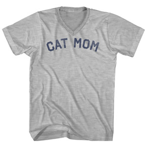 Cat Mom Adult Cotton V-Neck T-Shirt - Grey Heather