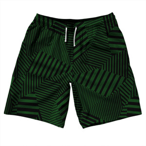 Multiple Lines Pattern 10" Swim Shorts Made in USA - Green Hunter and Black Multiple Lines Pattern 10" Swim Shorts Made in USA - Green Hunter and Black
