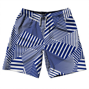 Multiple Lines Pattern 10" Swim Shorts Made in USA - Blue Royal and White Multiple Lines Pattern 10" Swim Shorts Made in USA - Blue Royal and White
