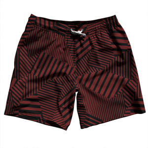 Multiple Lines Pattern Swim Shorts 7" Made in USA - Red Maroon and Black Multiple Lines Pattern Swim Shorts 7" Made in USA - Red Maroon and Black