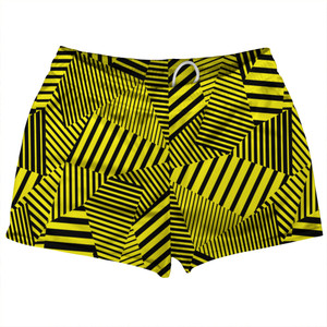 Multiple Lines Pattern Shorty Short Gym Shorts 2.5" Inseam Made In USA - Yellow and Black Multiple Lines Pattern Shorty Short Gym Shorts 2.5" Inseam Made In USA - Yellow and Black