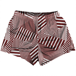 Multiple Lines Pattern Womens & Girls Sport Shorts End Made In USA - Red Maroon and White