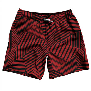 Multiple Lines Pattern Swim Shorts 7" Made in USA - Red Dark and Black